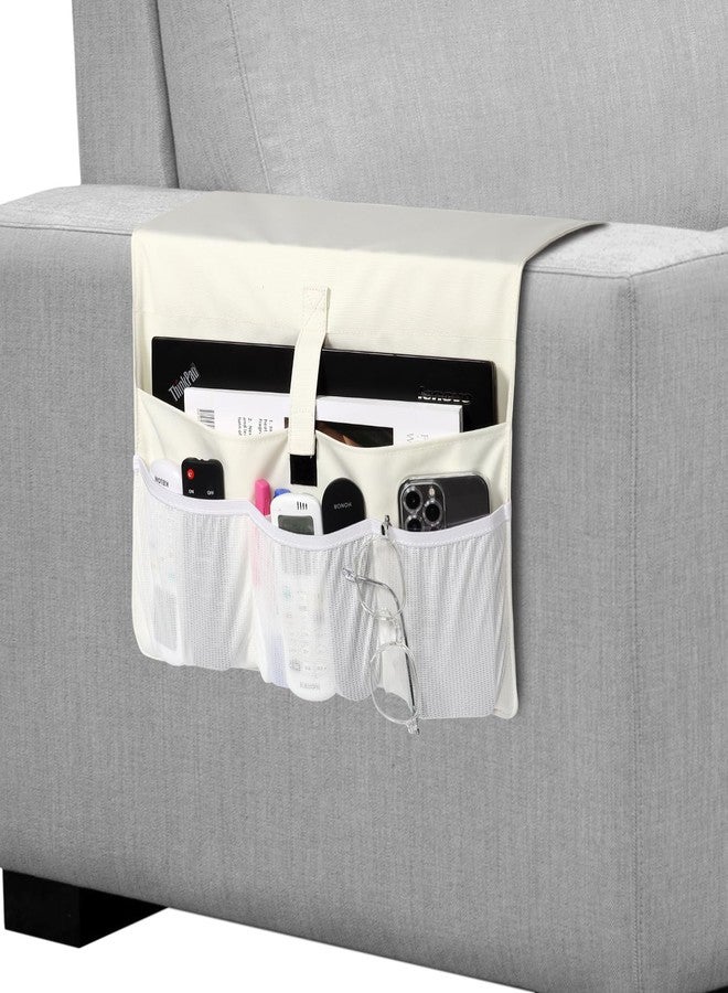 WOMACO Sofa Armrest Remote Magazine Holder, Non-Slip Armchair Recliner Caddy, Couch Arms TV Remote Control Organizer for Tablet, Phone, iPad, Laptop (Ivory, 16" x 35") - Image 1