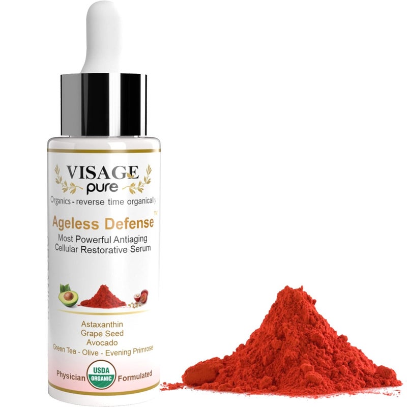 Visage Pure Ageless Defense -Cellular Restorative Astaxanthin Face Serum -by Visage Pure-Astaxanthin and Resveratrol Antiaging Serum. Protects the Skin From Aging-Organic-Physician Formulated-Research Supported 