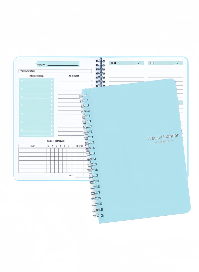 [عبوة من قطعتين] مخطط أسبوعي بدون تاريخ، دفتر أهداف أسبوعي بحجم A5، مجلة تعقب العادات، مخطط قائمة المهام، مخطط الأهداف، (أزرق) - Image 1