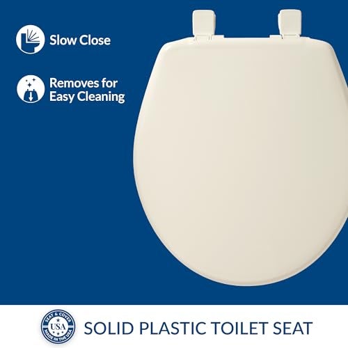 Bemis مقعد مرحاض بيميس 730SLEC بطيء الإغلاق، مفصلات سهلة التنظيف ومقعد بلاستيكي متين، صنع في الولايات المتحدة الأمريكية، دائري، لون بسكويت - Image 2