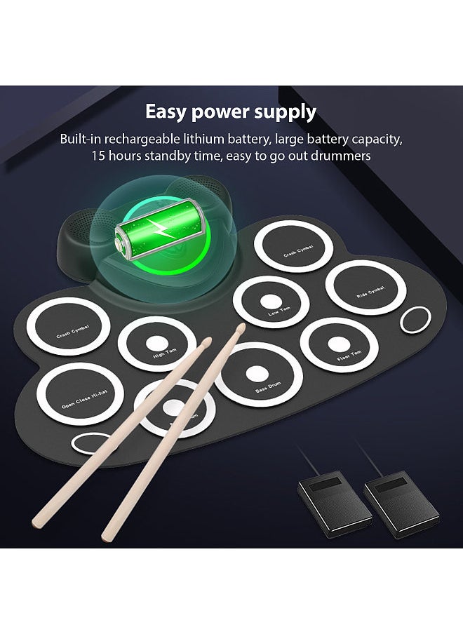 Generic Electronic Drum Set Hand Roll Drum Set with Drumsticks Foot Pedal 9 Pads Dual Speaker Rechargeable Supports Connection MIDI Gaming Holiday Birthday Gift Practice Pad Drum Kit  - Image 3