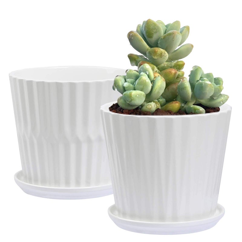 sietpoek sietpoek Plant Pots  67 Inch Cylinder Ceramic Planters with Connected Saucer Pots for Succuelnt and Little Snake Plants Set of 2 White