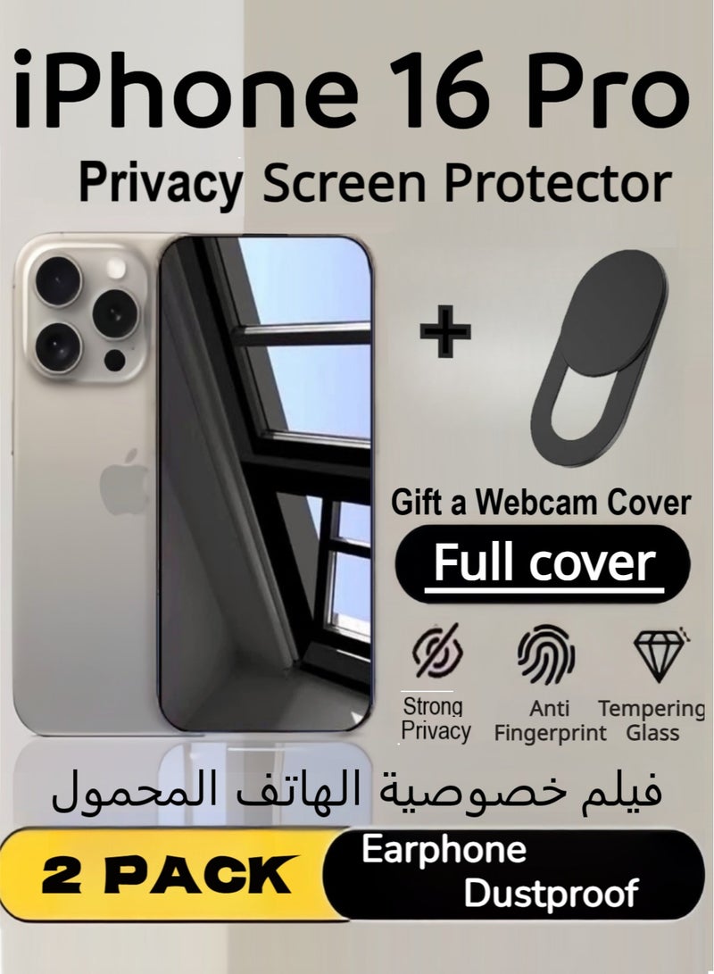 iPhone 16 Pro Privacy Screen Rrotector 6.3-inch, With Webcam Cover,Power Grade Dustproof Phone Receiver Protection, Scratch Resistant, Fingerprint Resistant, Bubble Free, 9H Tempered Glass Film, Suitable For iPhone 16 Pro-2 packs - Image 1