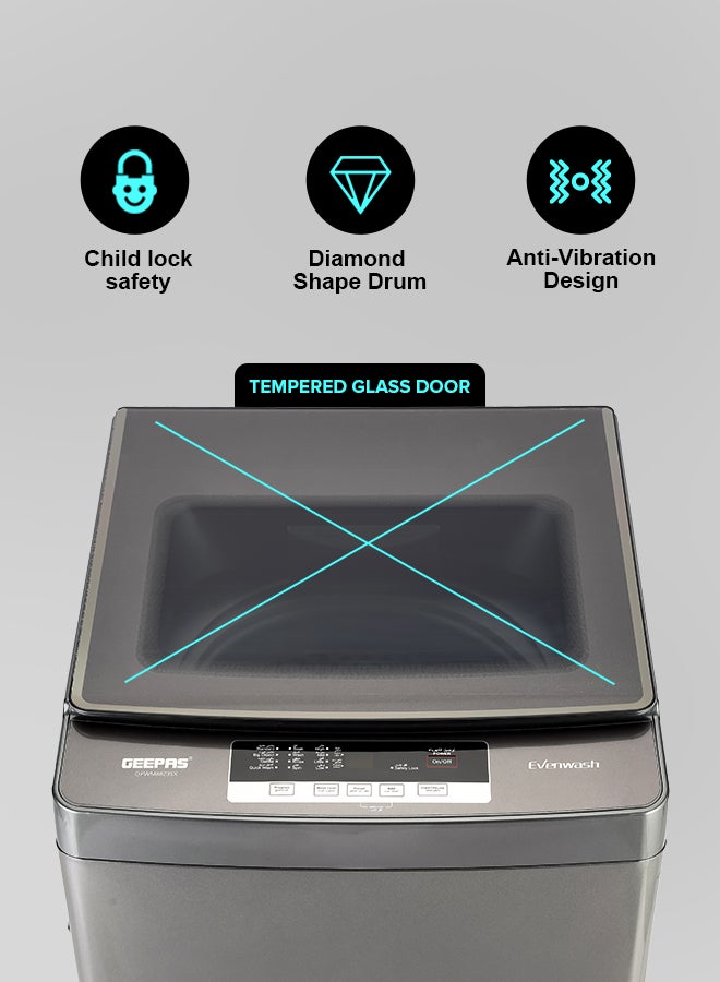GEEPAS 8 KG Fully Automatic Washing Machine| Fully Digital Control and Automatic Top Load Washing Machine| 8 Wash Programs with Strong Pulsator| Safety Lock and Durable Metal Body 330W 8 kg GFWM8823SX Grey - Image 4