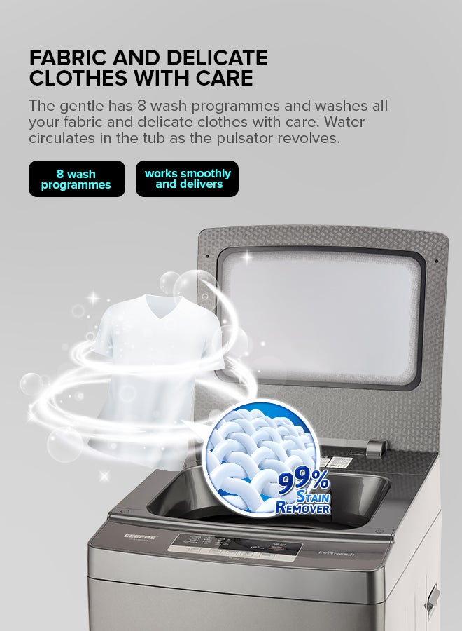GEEPAS 8 KG Fully Automatic Washing Machine| Fully Digital Control and Automatic Top Load Washing Machine| 8 Wash Programs with Strong Pulsator| Safety Lock and Durable Metal Body 330W 8 kg GFWM8823SX Grey - Image 3