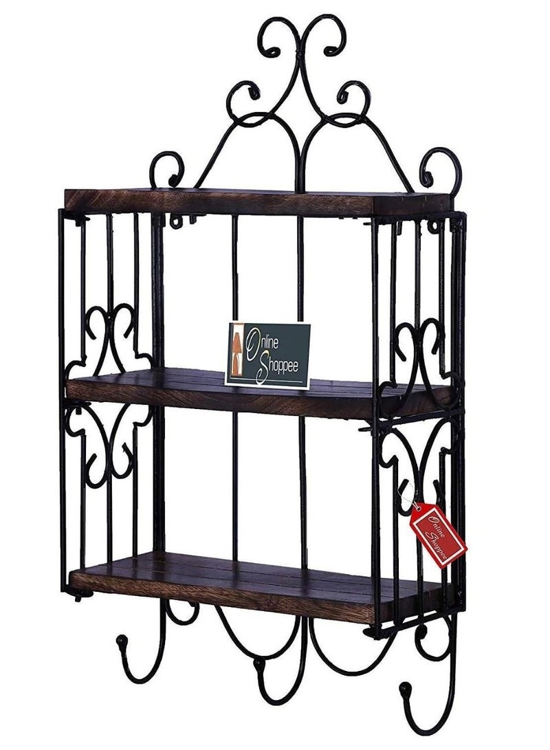 Wooden Twist Wooden & Iron 3 Shelf Book/ Kitchen Rack With Cloth/Cup Hanger - Image 2