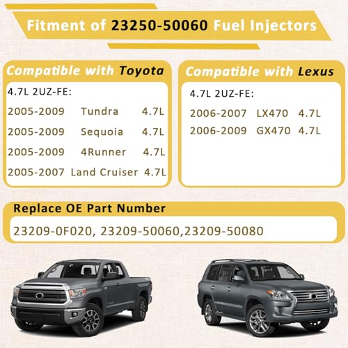 Pjvmvo 2325050060 2UZ 47L Fuel InjectorsCompatible withToyota 47 Tundra Sequoia Land Cruiser 20052009Compatible withLexus LX470 GX470 20062007 4 Holes Set of 8 - Image 3