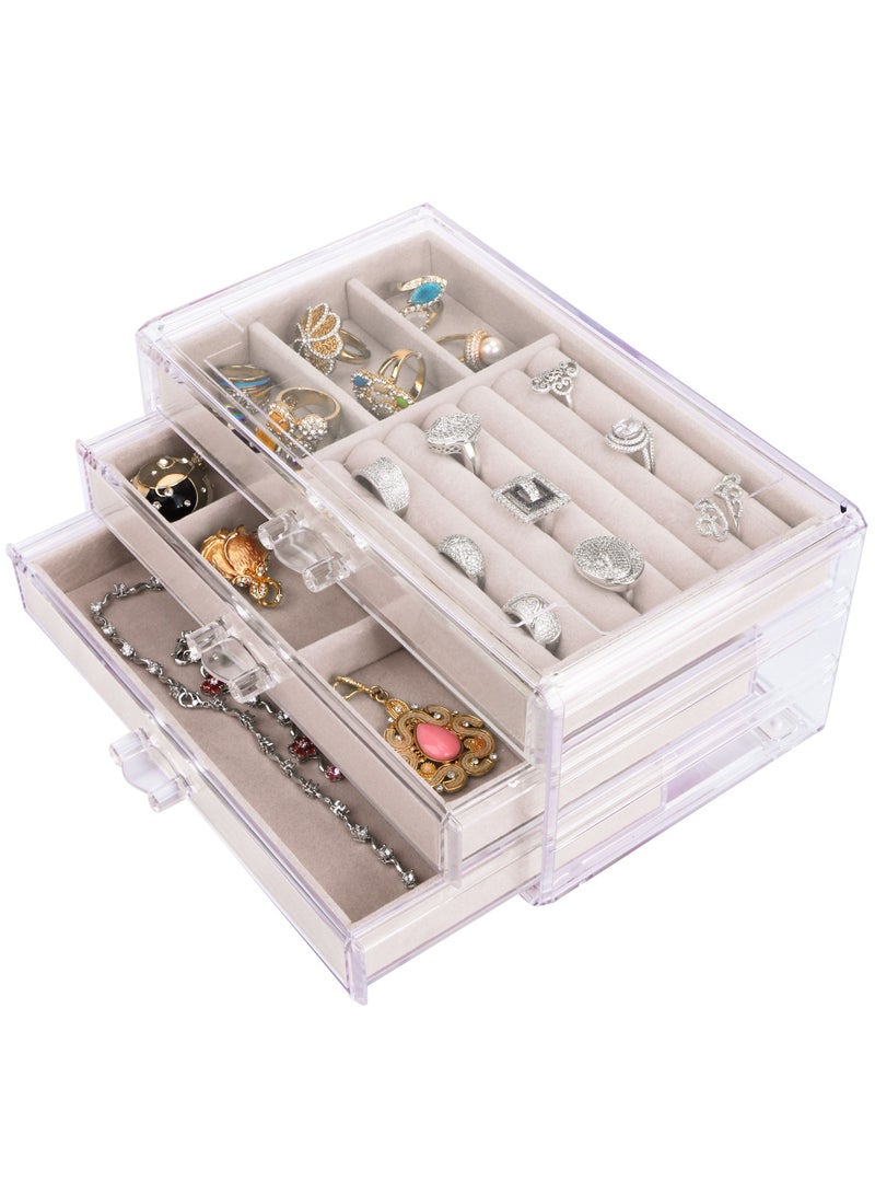 HomarKet Acrylic Jewelry Storage Box Makeup Cosmetic Storage Organizer Box Clear Earring Rings Necklaces Bracelets Display Case with 3 Drawers Adjustable Jewelry Box Velvet Trays Grid  - Image 1
