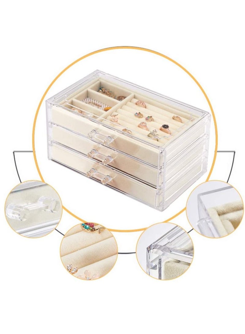 HomarKet Acrylic Jewelry Storage Box Makeup Cosmetic Storage Organizer Box Clear Earring Rings Necklaces Bracelets Display Case with 3 Drawers Adjustable Jewelry Box Velvet Trays Grid  - Image 2