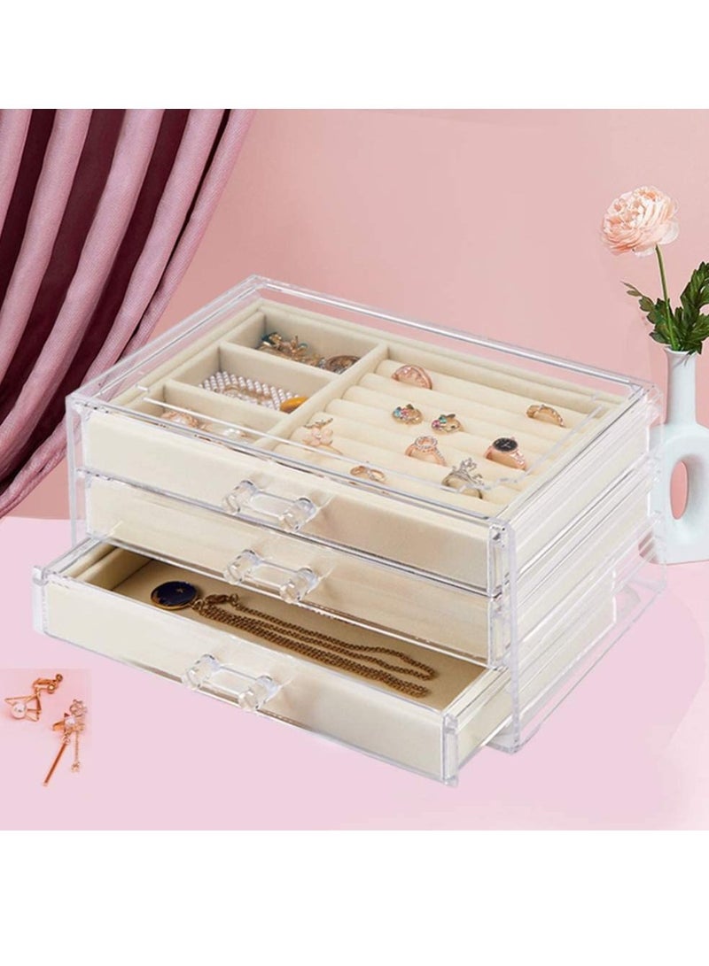 HomarKet Acrylic Jewelry Storage Box Makeup Cosmetic Storage Organizer Box Clear Earring Rings Necklaces Bracelets Display Case with 3 Drawers Adjustable Jewelry Box Velvet Trays Grid  - Image 3