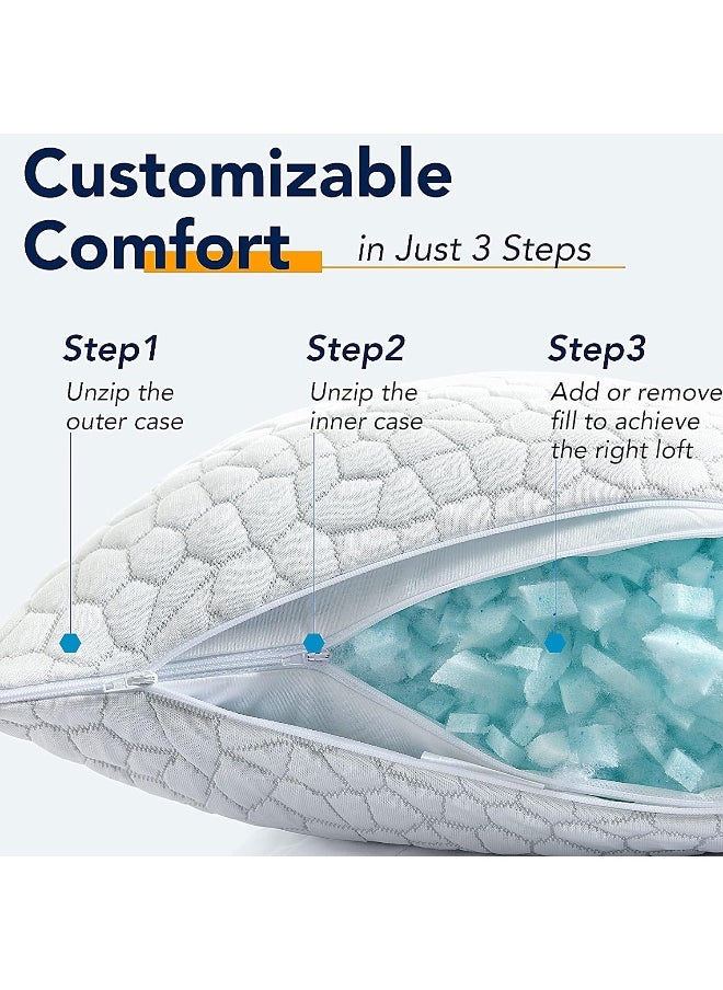 Qutool Cooling Bed Soft Pillows for Sleeping - Adjustable Gel Shredded Memory Foam Pillow - Hypoallergenic Bamboo Pillows for Side Back Sleepers + Washable Removable Cover Queen Size Queen White