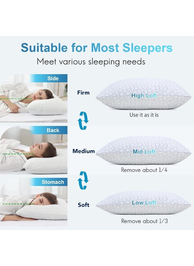 QUTOOL Qutool Cooling Bed Soft Pillows for Sleeping - Adjustable Gel Shredded Memory Foam Pillow - Hypoallergenic Bamboo Pillows for Side Back Sleepers + Washable Removable Cover Queen Size Queen White  - Image 4