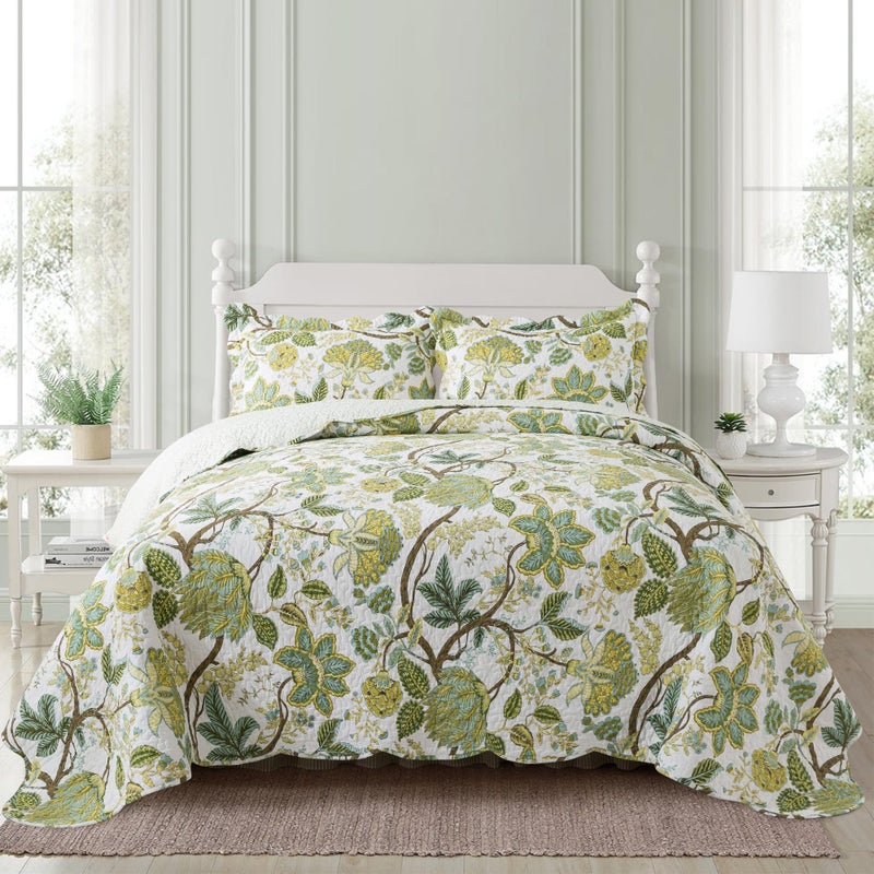 NEWLAKE Cotton Bedspread Quilt Sets - Reversible Patchwork Coverlet Set, Floral Vine Pattern, Queen Size - Image 1