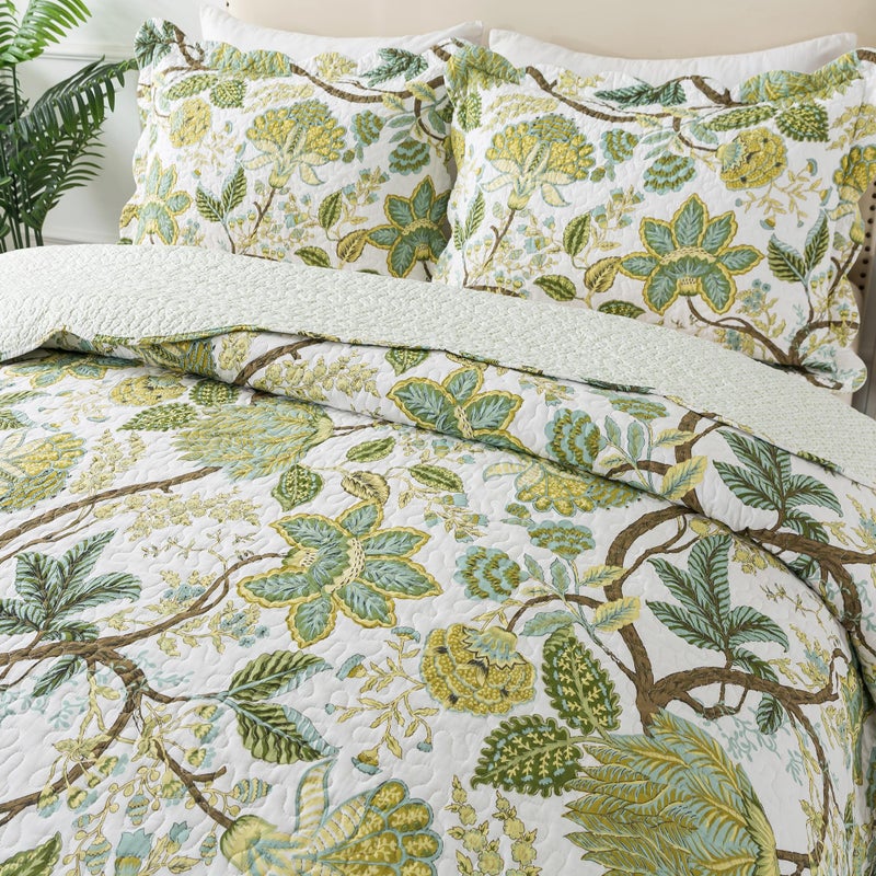 NEWLAKE Cotton Bedspread Quilt Sets - Reversible Patchwork Coverlet Set, Floral Vine Pattern, Queen Size - Image 2