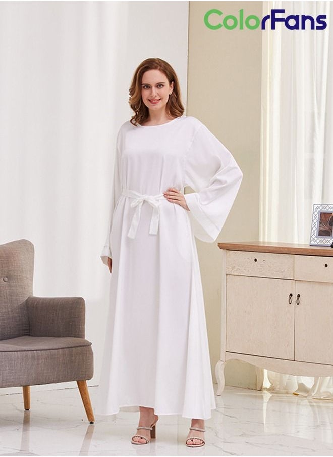 Color Fans - Summer Dress for Women 2023 Muslim Solid Color Casual Long Sleeves Maxi Dresses with Belt White - Image 1