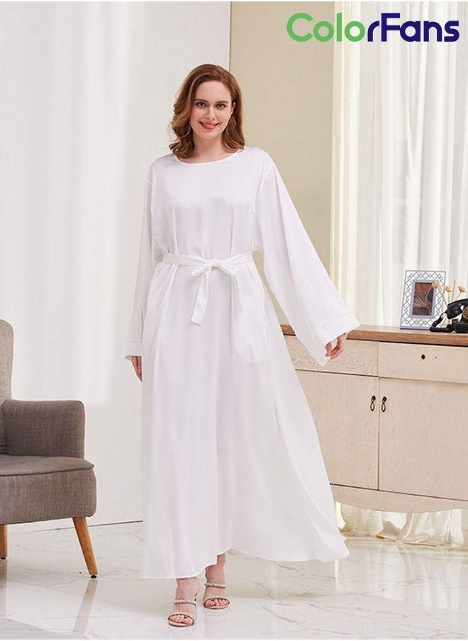 Color Fans - Summer Dress for Women 2023 Muslim Solid Color Casual Long Sleeves Maxi Dresses with Belt White - Image 1