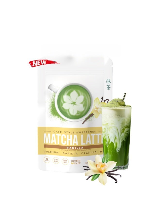 Vanilla Matcha Latte Mix | Cafe Style Sweetened | Plant Based, Dairy Free | 15 Servings - Image 1