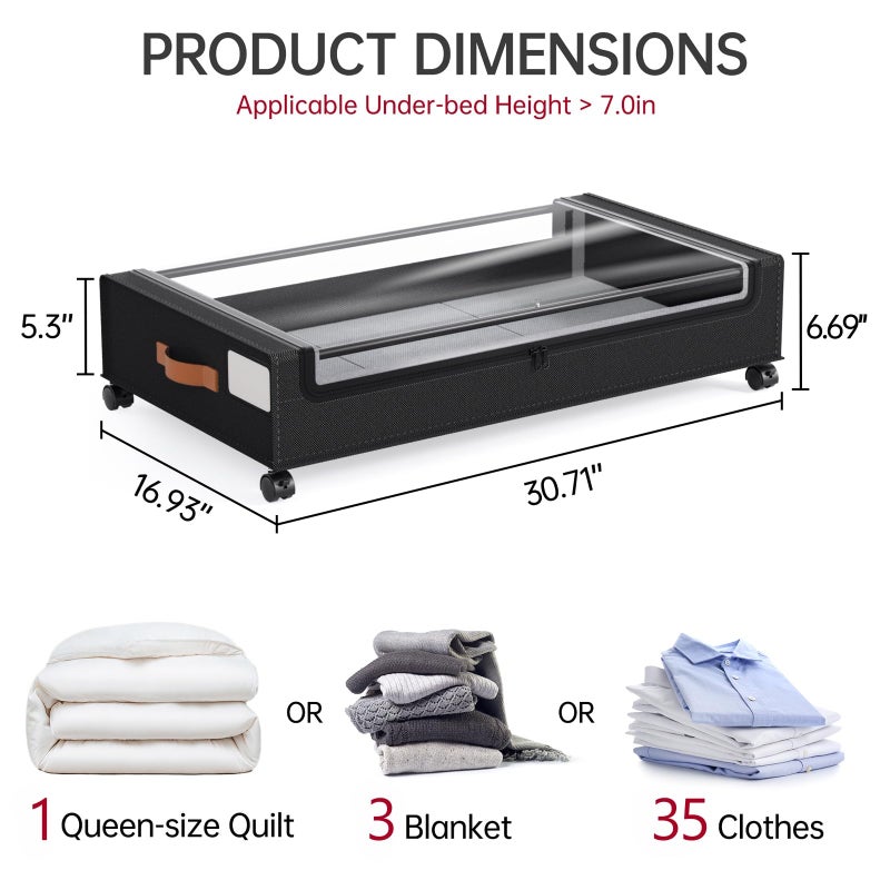 Yecaye 60L Under Bed Storage with Wheels, 2 Pack Under Bed Storage Containers, Underbed Shoe Storage with Clear Window & Label, Rolling Under Bed Metal Drawer for Clothes, Shoes, Books, Black - Image 2
