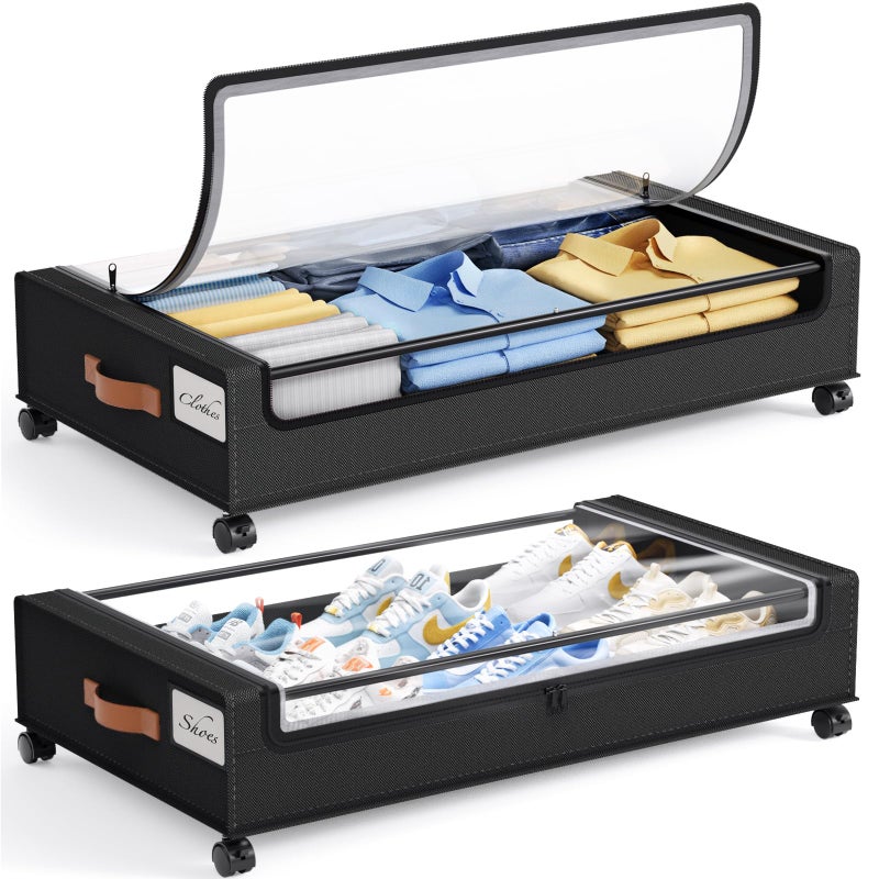 Yecaye 60L Under Bed Storage with Wheels, 2 Pack Under Bed Storage Containers, Underbed Shoe Storage with Clear Window & Label, Rolling Under Bed Metal Drawer for Clothes, Shoes, Books, Black - Image 1