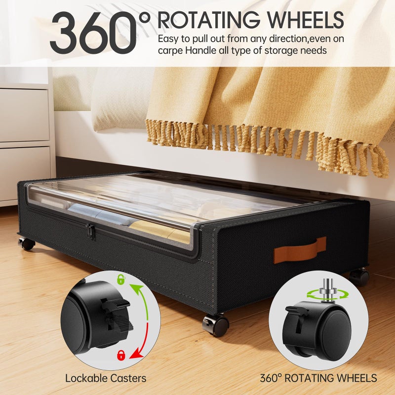 Yecaye 60L Under Bed Storage with Wheels, 2 Pack Under Bed Storage Containers, Underbed Shoe Storage with Clear Window & Label, Rolling Under Bed Metal Drawer for Clothes, Shoes, Books, Black - Image 3