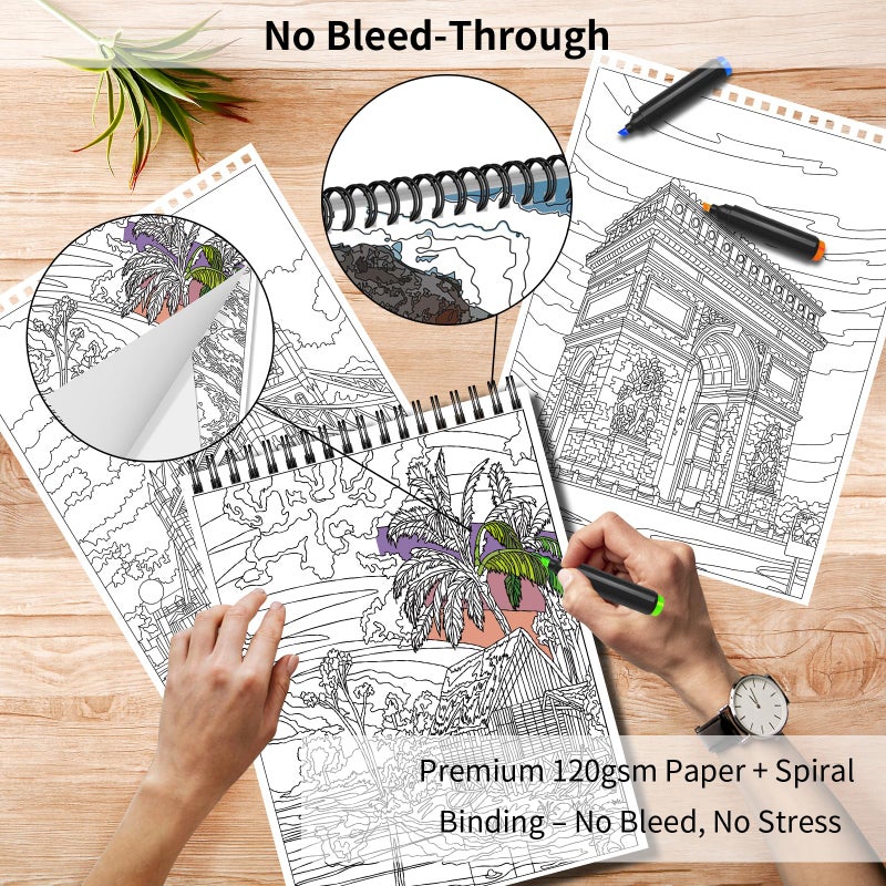 Kalysky Landscapes Adult Coloring Book Set of 3 - Complex Nature Landscapes & Iconic Architecture | Desert, Ocean Forests, Modern Wonders | Coloring Books for Adult Relaxation - Image 5