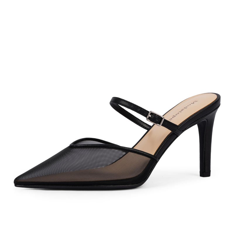 Modatope Pointed Toe Black Mesh Heels for Women Ankle Strap Stiletto Heel Mules Cloes Toe Heeled Pumps Dress Party Sandals Womens Size 7.5 - Image 1