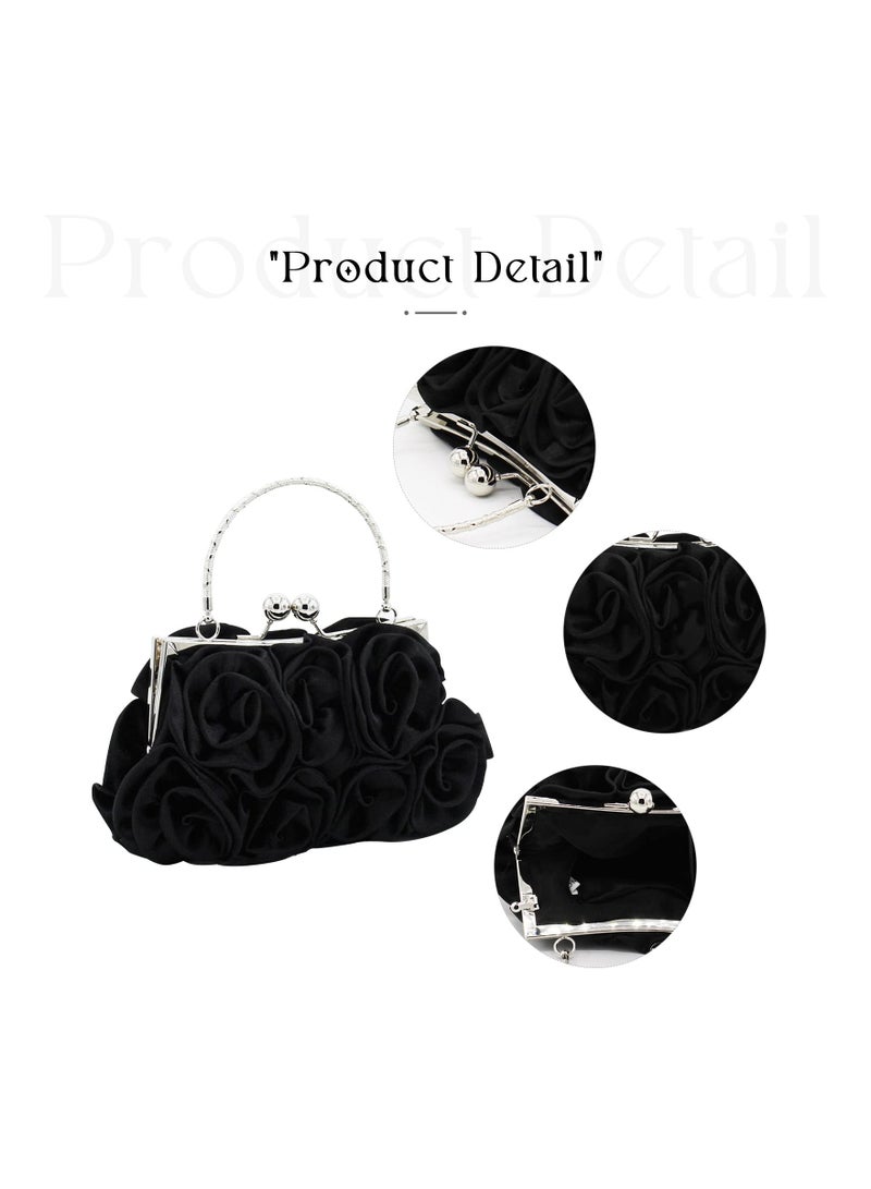 SYOSI Women Evening Clutch Bag Floral Satin Purses Detachable Strap Clutch Bag Floral Clutch Bag Detachable Strap Purses Floral Clutch Bag for Wedding, Party, Prom (Black) - Image 3