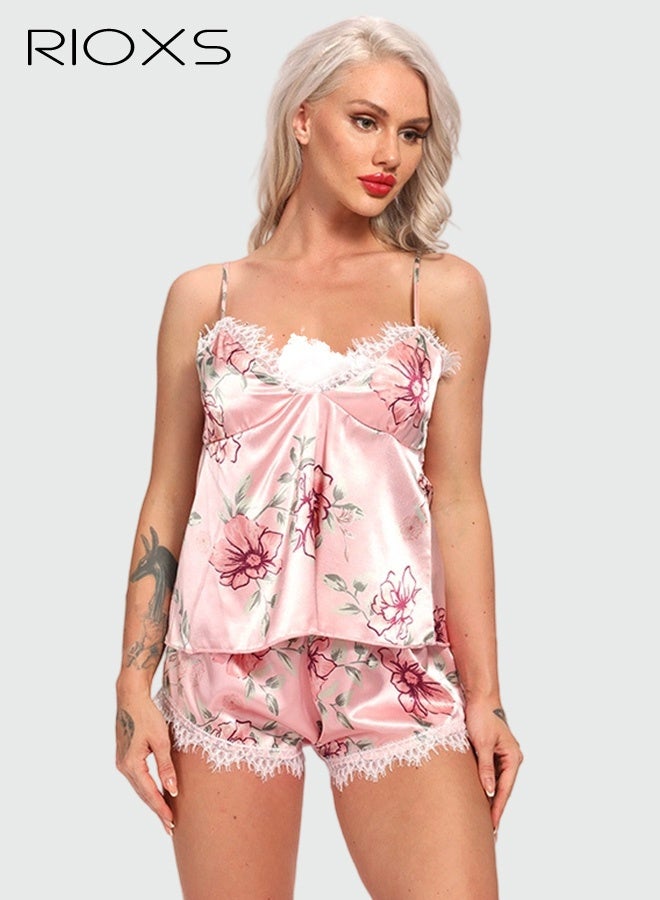 RIOXS Women's Pajama Set,Silk Satin PJ Set,V Neck Floral Printed Cami Top And Shorts Sleepwear Set,Spaghetti Straps Lace Trim Nightclothes,Comfy Sleeveless Nightgown,Lady's Pajama,Soft Nighty For Women Ladies  - Image 3