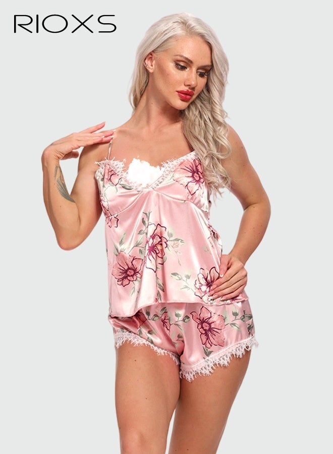 RIOXS Women's Pajama Set,Silk Satin PJ Set,V Neck Floral Printed Cami Top And Shorts Sleepwear Set,Spaghetti Straps Lace Trim Nightclothes,Comfy Sleeveless Nightgown,Lady's Pajama,Soft Nighty For Women Ladies  - Image 1