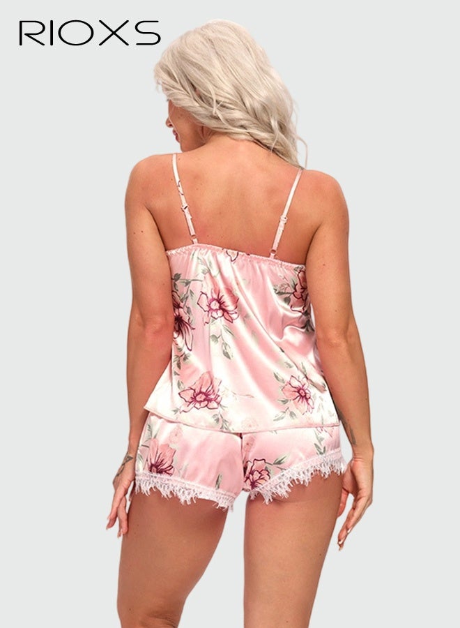 RIOXS Women's Pajama Set,Silk Satin PJ Set,V Neck Floral Printed Cami Top And Shorts Sleepwear Set,Spaghetti Straps Lace Trim Nightclothes,Comfy Sleeveless Nightgown,Lady's Pajama,Soft Nighty For Women Ladies  - Image 5