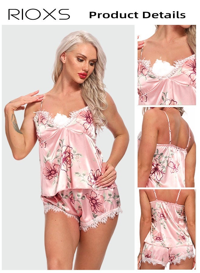 RIOXS Women's Pajama Set,Silk Satin PJ Set,V Neck Floral Printed Cami Top And Shorts Sleepwear Set,Spaghetti Straps Lace Trim Nightclothes,Comfy Sleeveless Nightgown,Lady's Pajama,Soft Nighty For Women Ladies  - Image 4