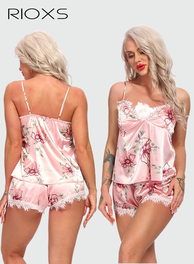 RIOXS Women's Pajama Set,Silk Satin PJ Set,V Neck Floral Printed Cami Top And Shorts Sleepwear Set,Spaghetti Straps Lace Trim Nightclothes,Comfy Sleeveless Nightgown,Lady's Pajama,Soft Nighty For Women Ladies  - Image 2