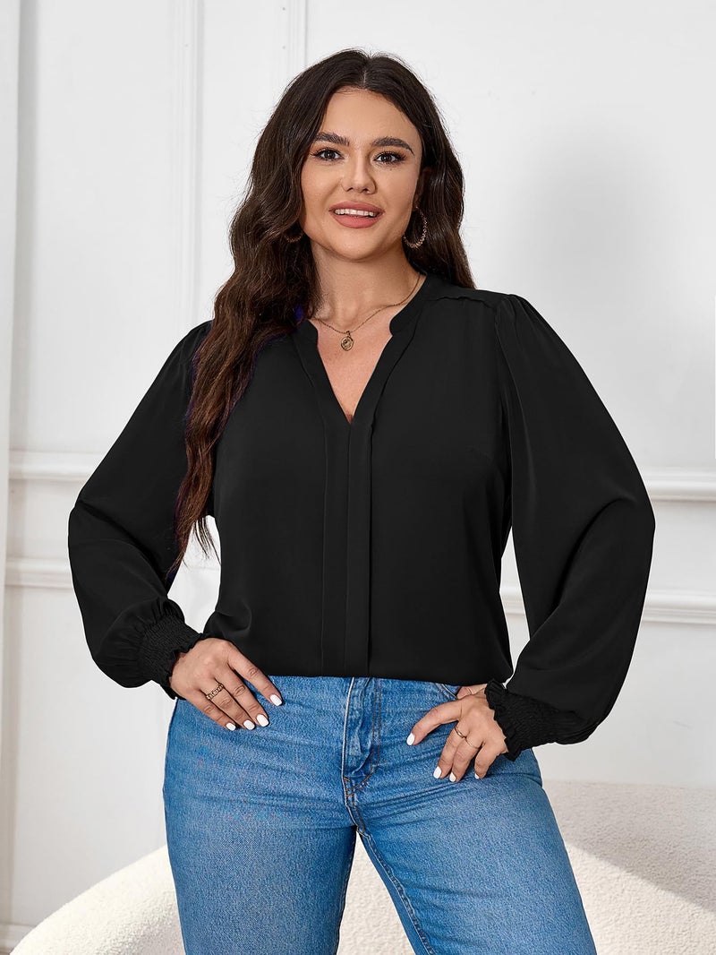 SCOMCHIC 2024 Plus Size Blouses for Women Dressy Casual V Neck Long Sleeve Casual Loose Shirts XL-5XL Black - Image 3