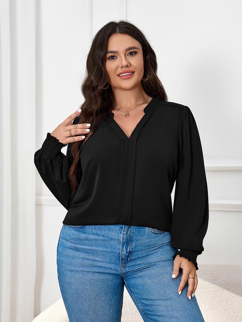 SCOMCHIC 2024 Plus Size Blouses for Women Dressy Casual V Neck Long Sleeve Casual Loose Shirts XL-5XL Black - Image 4