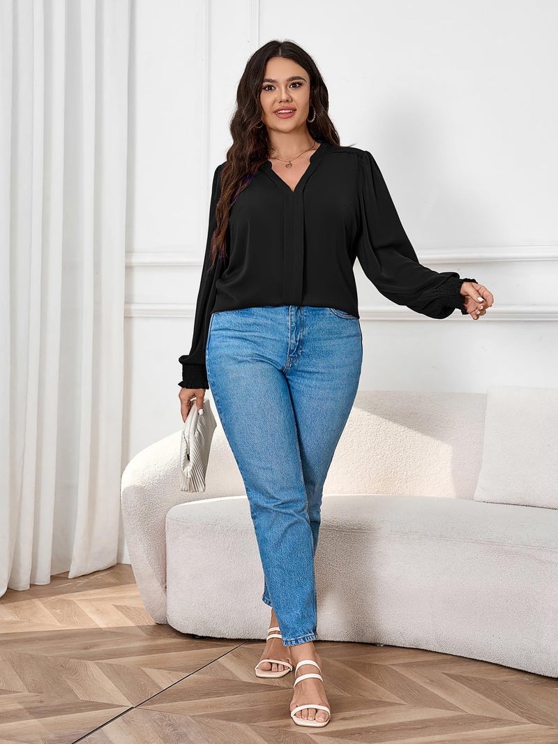 SCOMCHIC 2024 Plus Size Blouses for Women Dressy Casual V Neck Long Sleeve Casual Loose Shirts XL-5XL Black - Image 5