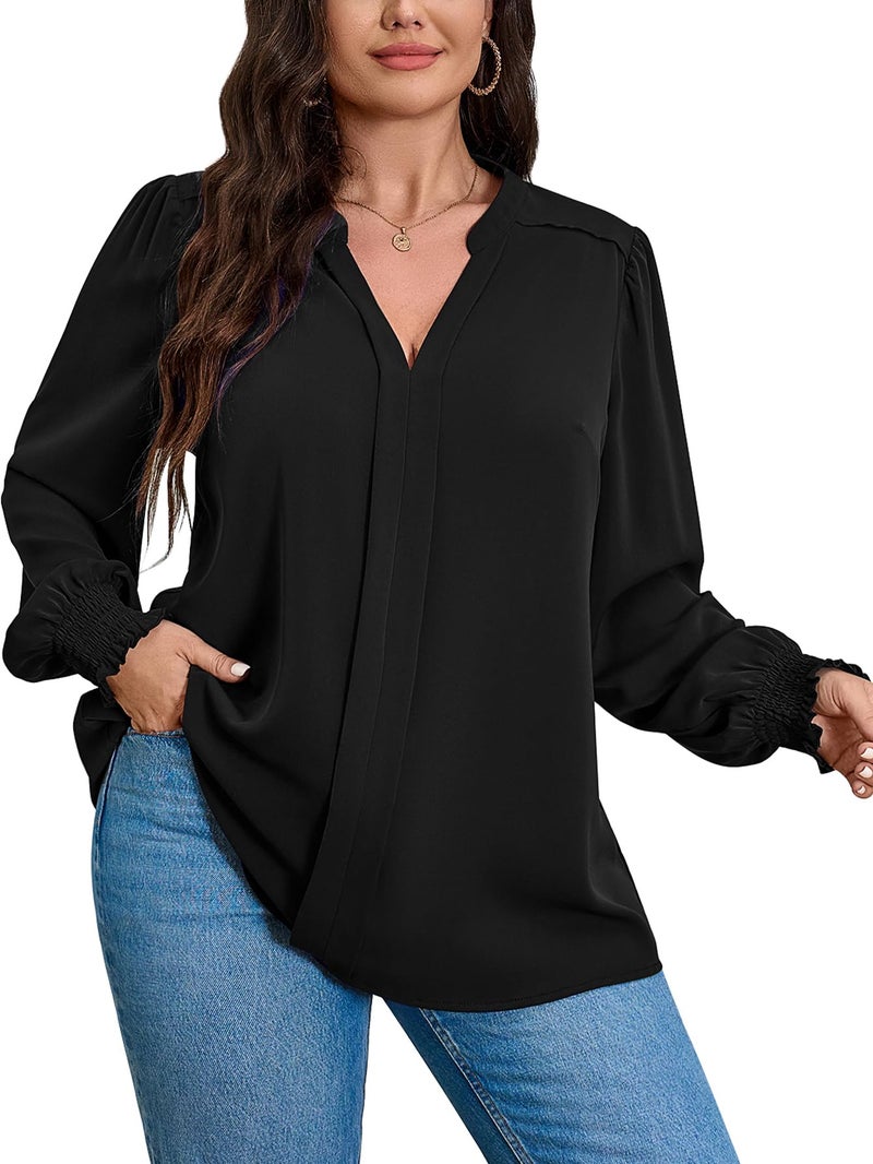 SCOMCHIC 2024 Plus Size Blouses for Women Dressy Casual V Neck Long Sleeve Casual Loose Shirts XL-5XL Black - Image 1