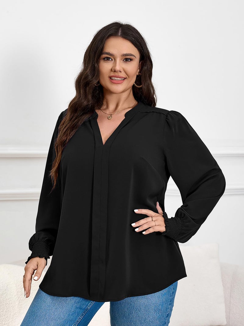 SCOMCHIC 2024 Plus Size Blouses for Women Dressy Casual V Neck Long Sleeve Casual Loose Shirts XL-5XL Black - Image 2
