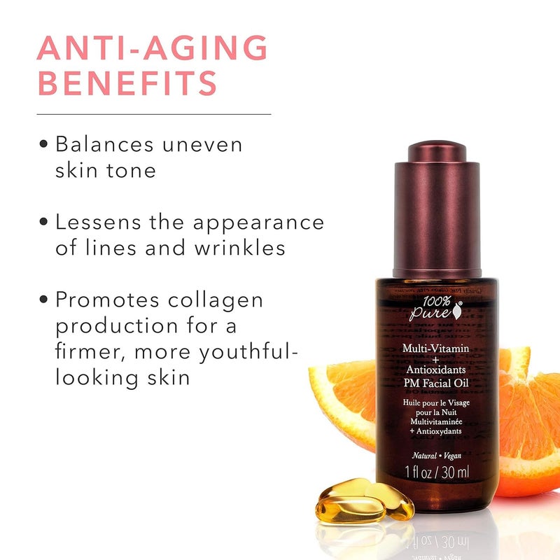 100 % Pure 100% PURE Multi-Vitamin + Antioxidants PM Facial Oil, Anti-Aging Skin Care, Night Facial Oil, Anti-Wrinkle, Natural Face Moisturizer w/Retinol, Vitamin C, CoQ10-1 Fl Oz - Image 3