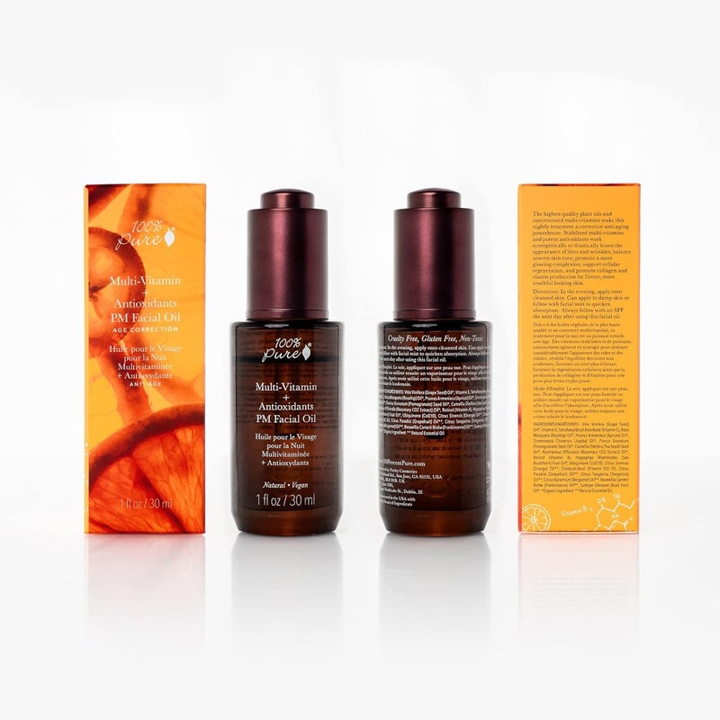 100 % Pure 100% PURE Multi-Vitamin + Antioxidants PM Facial Oil, Anti-Aging Skin Care, Night Facial Oil, Anti-Wrinkle, Natural Face Moisturizer w/Retinol, Vitamin C, CoQ10-1 Fl Oz - Image 2