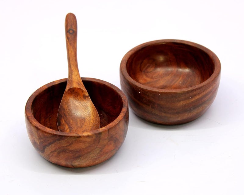 KLEO Wooden Dinner Set Decorative Plates Dinner Thali Set - Plate Glass 2 Bowls and Spoon - Wood - 12" inch Dia. - Brown - Image 4