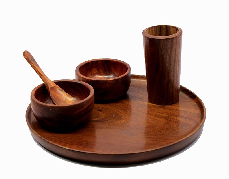 KLEO Wooden Dinner Set Decorative Plates Dinner Thali Set - Plate Glass 2 Bowls and Spoon - Wood - 12" inch Dia. - Brown - Image 1
