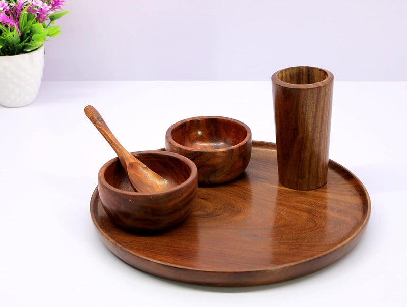 KLEO Wooden Dinner Set Decorative Plates Dinner Thali Set - Plate Glass 2 Bowls and Spoon - Wood - 12" inch Dia. - Brown - Image 2