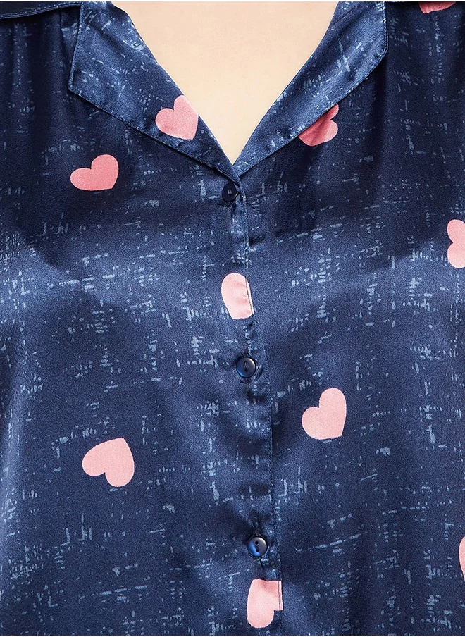 كلوفيا Clovia Heart Print Button Down Shirt & Shorts Set in Navy Blue