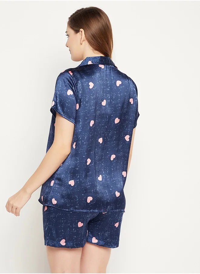 Clovia Clovia Heart Print Button Down Shirt & Shorts Set in Navy Blue