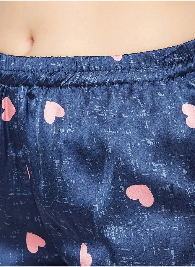 Clovia Clovia Heart Print Button Down Shirt & Shorts Set in Navy Blue