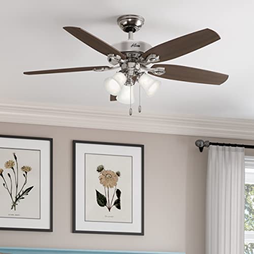 HUNTER مروحة سقف داخلية هانتر 52 بوصة مع أضواء LED - مروحة سقف بسلسلة سحب، لغرفة النوم أو غرفة المعيشة، تركيب قياسي، بدون جهاز تحكم عن بعد، 5 شفرات، تشمل المصابيح - بيلدر بلس 53237، نيكل مصقول - Image 3