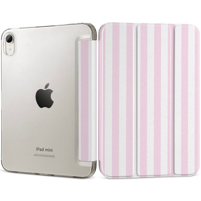 DONGKE for iPad mini 7 (A17 Pro) 2024 & iPad mini 6 2021 8.3 Inch, Slim Foldable Stand Hard PC Translucent Back Shell Smart Cover for iPad mini 7th/6th Generation [Auto Wake/Sleep] - Pink Stripes - Image 1