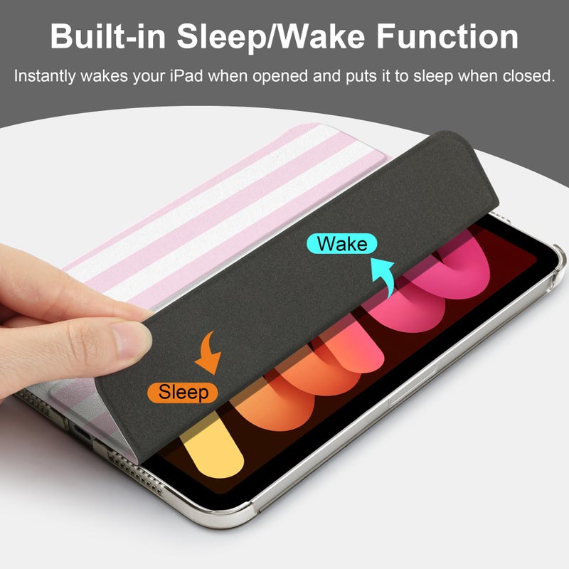 DONGKE for iPad mini 7 (A17 Pro) 2024 & iPad mini 6 2021 8.3 Inch, Slim Foldable Stand Hard PC Translucent Back Shell Smart Cover for iPad mini 7th/6th Generation [Auto Wake/Sleep] - Pink Stripes - Image 4