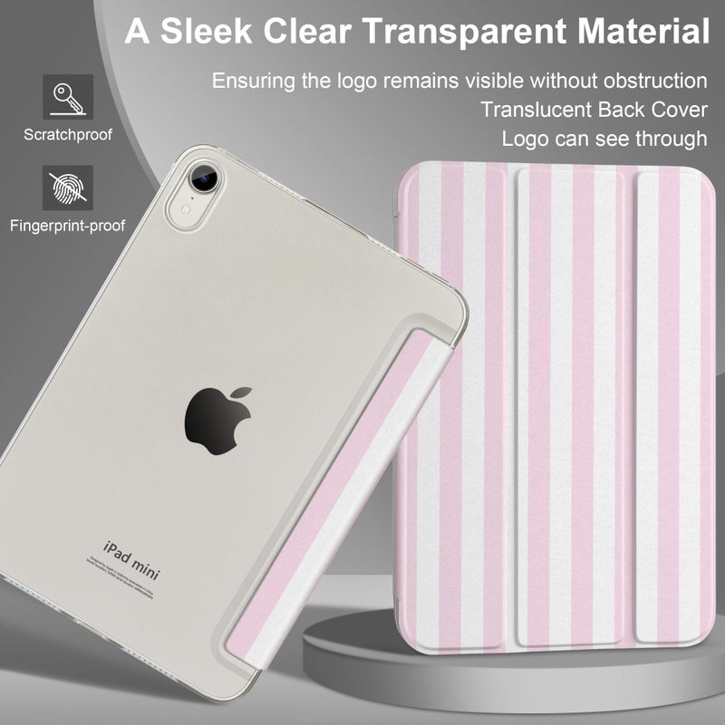 DONGKE for iPad mini 7 (A17 Pro) 2024 & iPad mini 6 2021 8.3 Inch, Slim Foldable Stand Hard PC Translucent Back Shell Smart Cover for iPad mini 7th/6th Generation [Auto Wake/Sleep] - Pink Stripes - Image 5