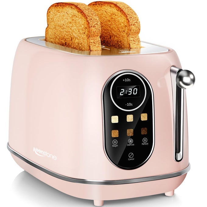 SMART TOUCH SCREEN TOASTER 2 SLICE RETRO WIDE SLOT STAINLESS STEEL TOASTER WITH 6 BROWNING LEVELS REHEAT DEFROST FOR BAGEL TOAST BREAD REMOVABLE CRUMB TRAY PINK